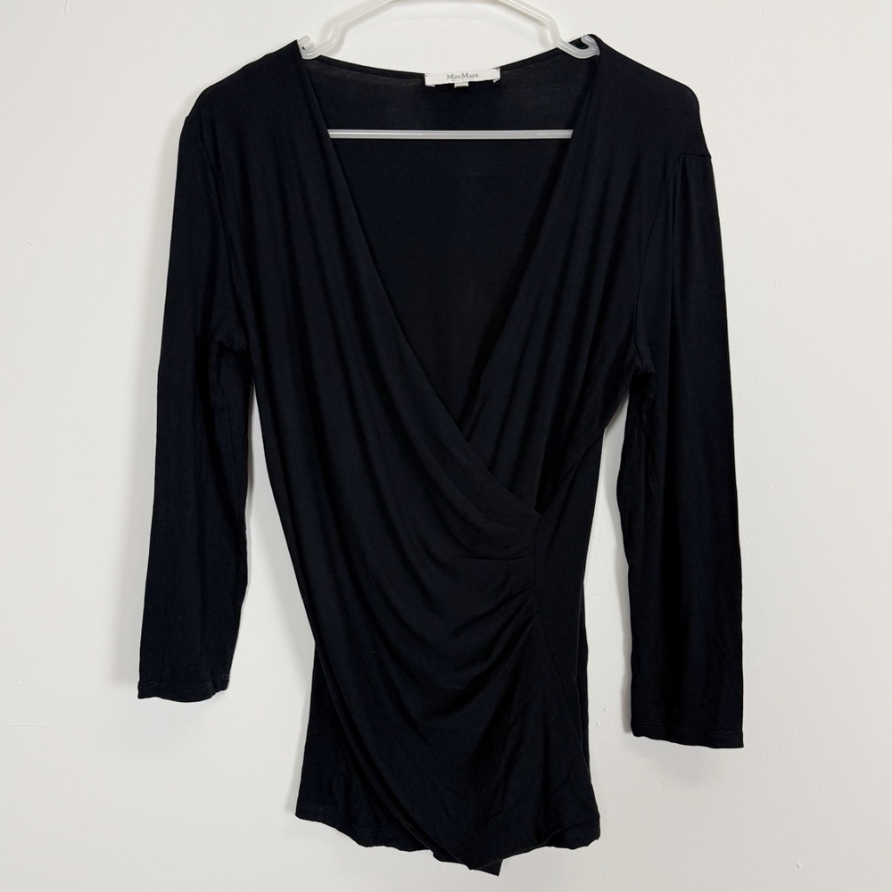 Max Mara Faux Wrap Top Womens Medium Black V-Neck Stretch Made in Italy